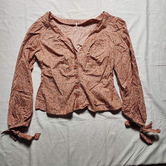 Free People Womens Medium Sienna Floral Blouse Tie Sleeves Orange Boho - Picture 1 of 12